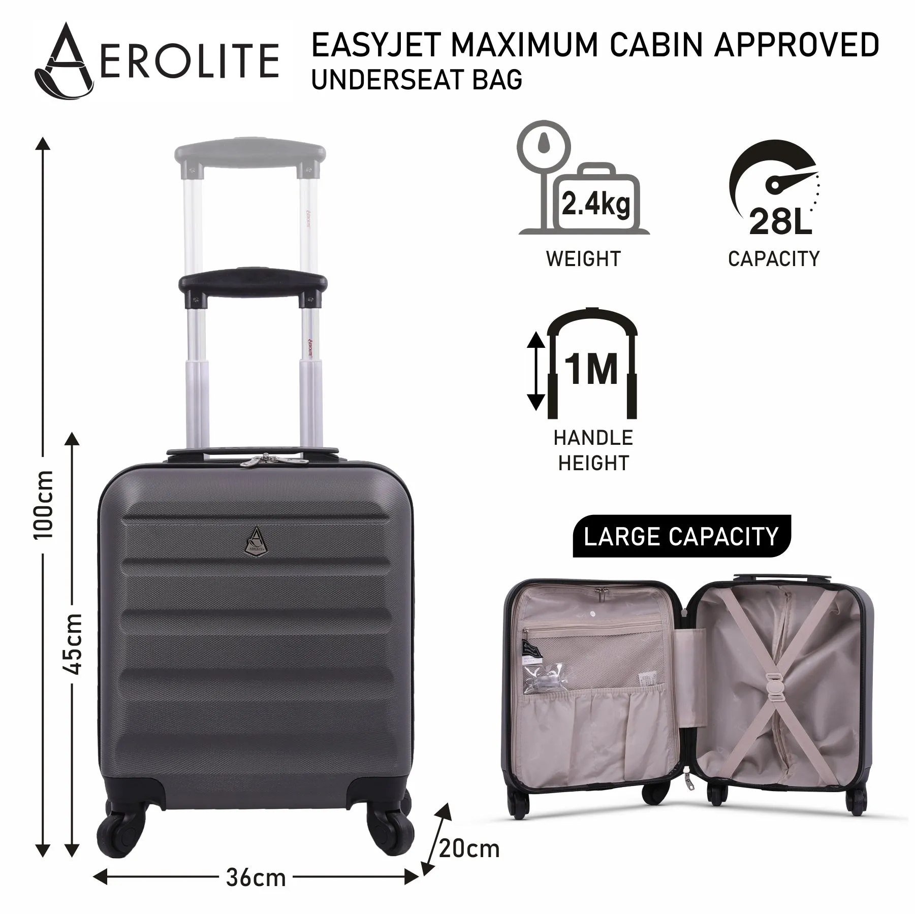 Aerolite 45x36x20 Easyjet Maximum Size Hard ShellCarry On Hand Cabin Luggage Underseat Flight Bag Suitcase 45x36x20 with 4 Wheels set of 2