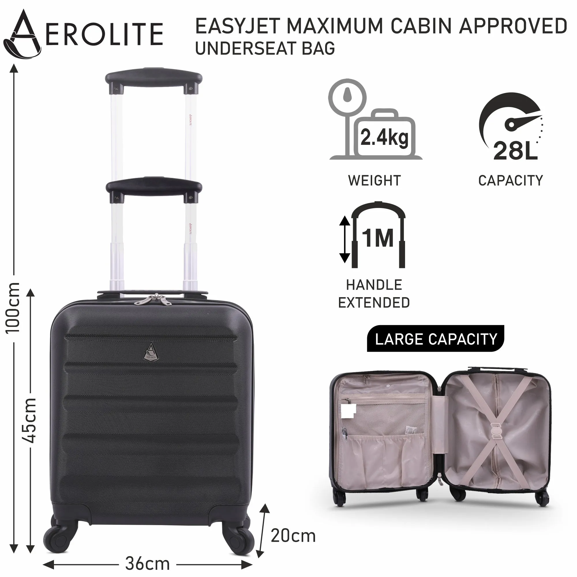 Aerolite 45x36x20 Easyjet Maximum Size Hard ShellCarry On Hand Cabin Luggage Underseat Flight Bag Suitcase 45x36x20 with 4 Wheels set of 2