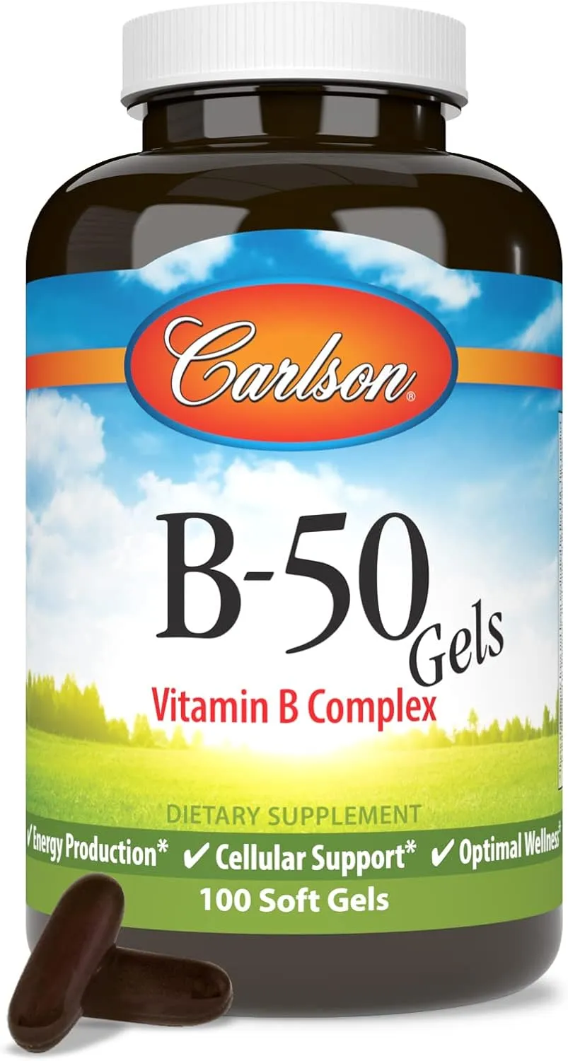 Carlson - B-50 Gels, Vitamin B Complex, Energy Production, Cellular Support & Optimal Wellness, 100 Softgels