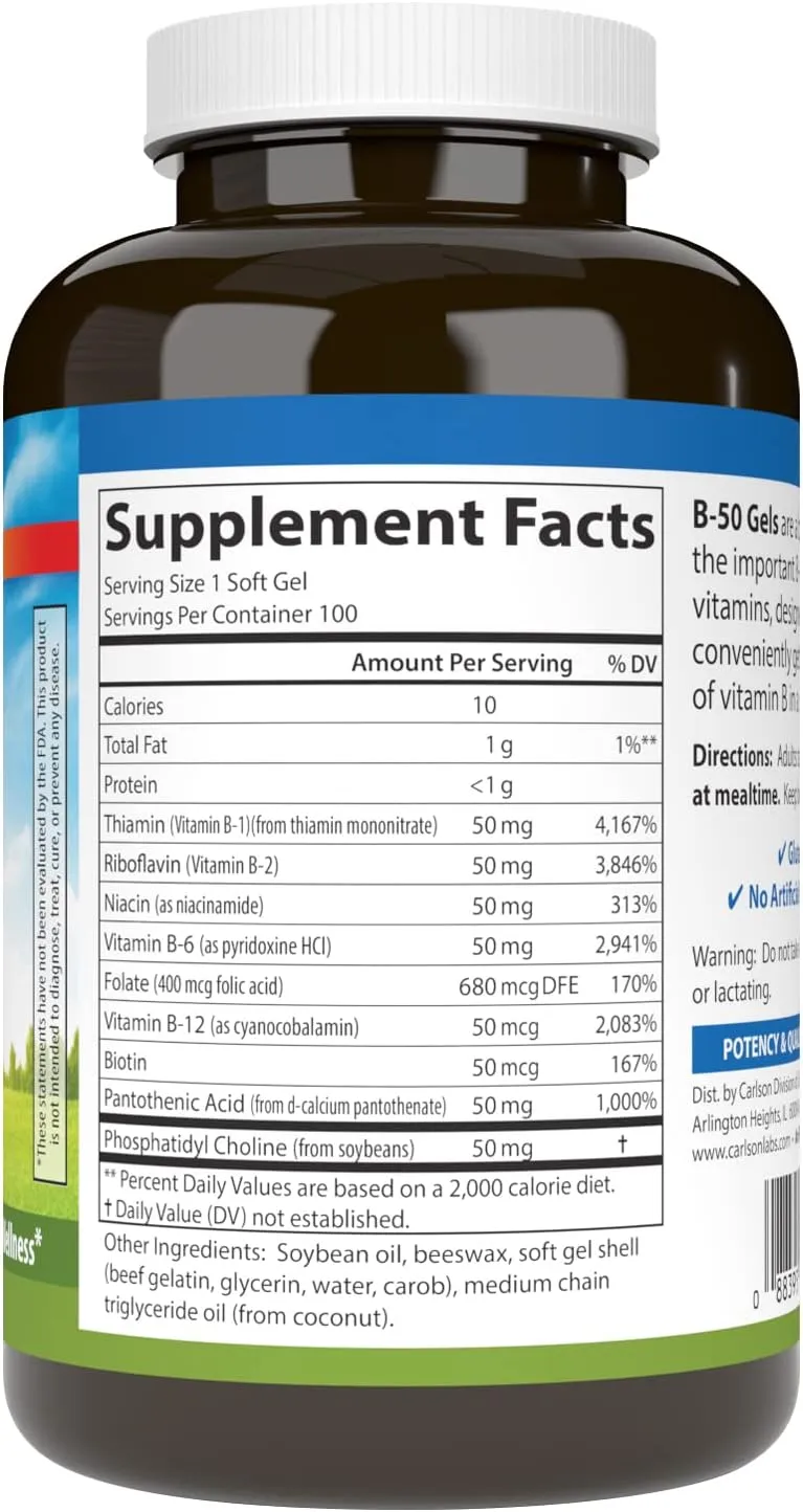 Carlson - B-50 Gels, Vitamin B Complex, Energy Production, Cellular Support & Optimal Wellness, 100 Softgels
