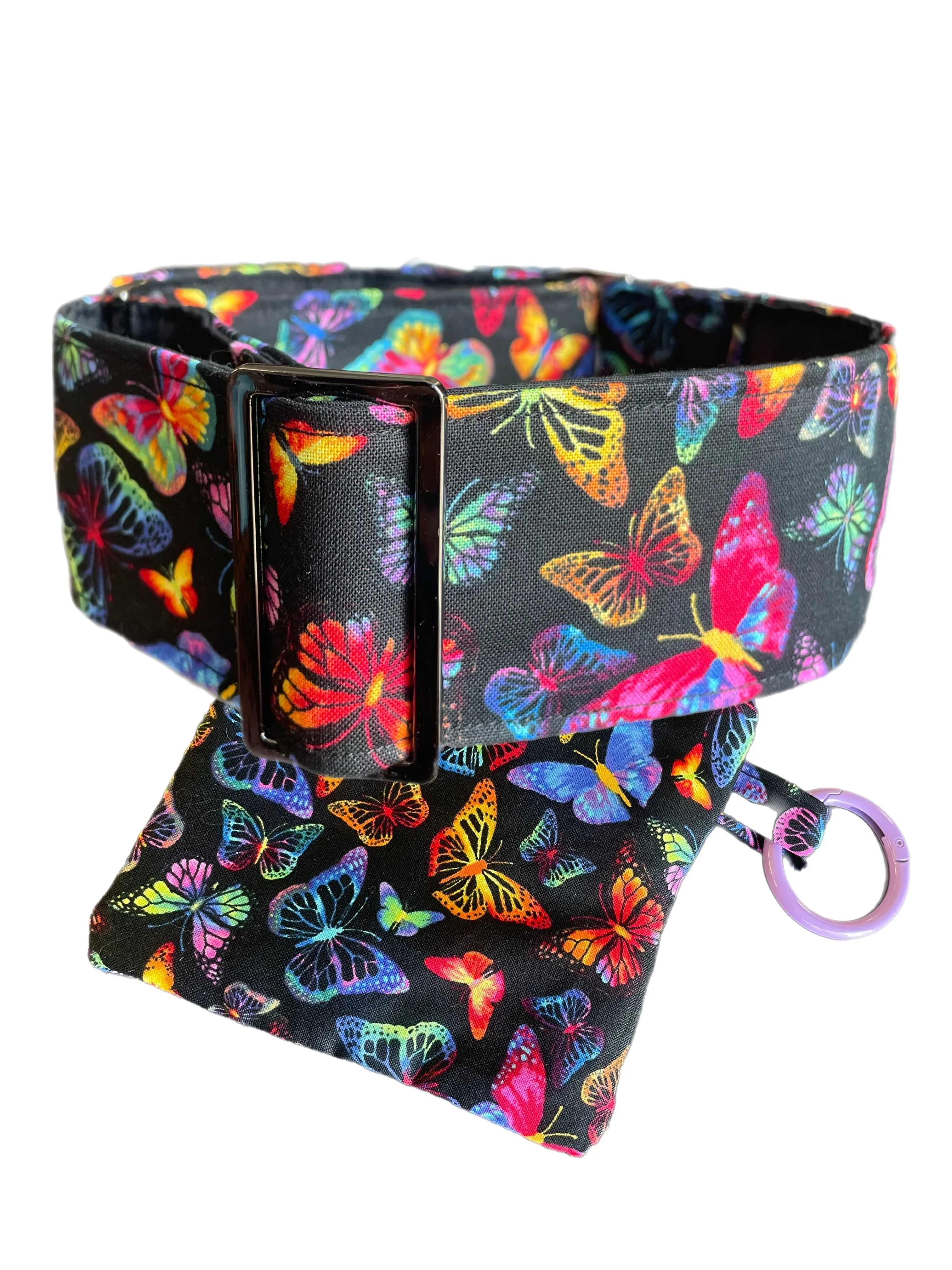 Colourful Butterflies on black Cotton covered greyhound Martingale collar 50mm width super soft