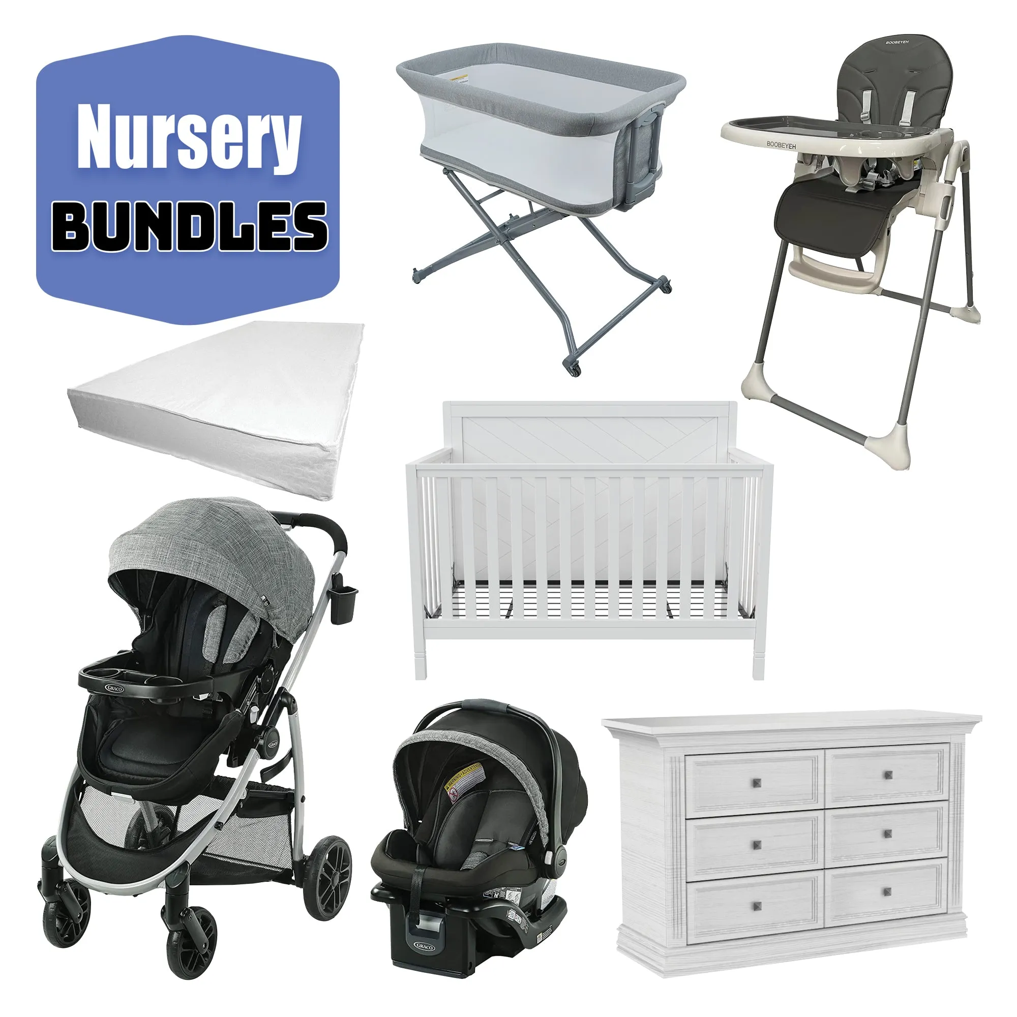 Complete Baby Room Kit: Stroller, Convertible Crib, High Chair, and Mattress.