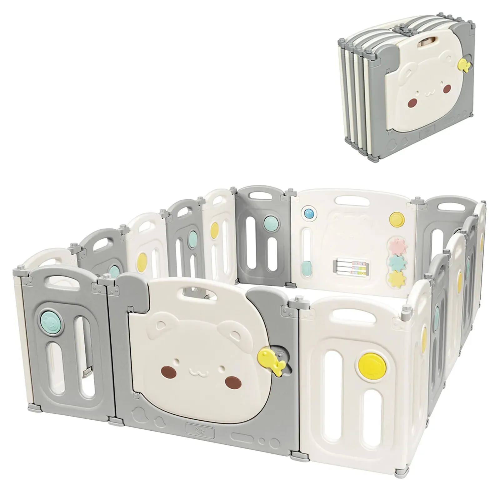 Large Montessori 16 Panel Folding Baby Bear Playpen and Ball Pool with Activity Panel | Modular | Grey & White | 1.95 x 1.6m |  6 months  