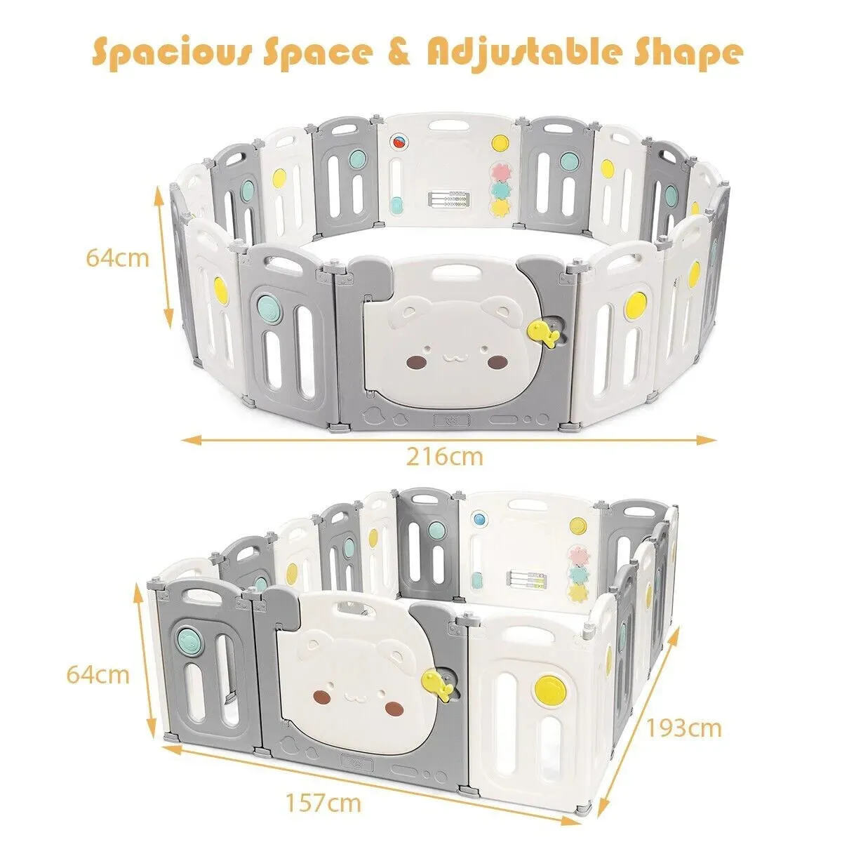 Large Montessori 16 Panel Folding Baby Bear Playpen and Ball Pool with Activity Panel | Modular | Grey & White | 1.95 x 1.6m |  6 months  
