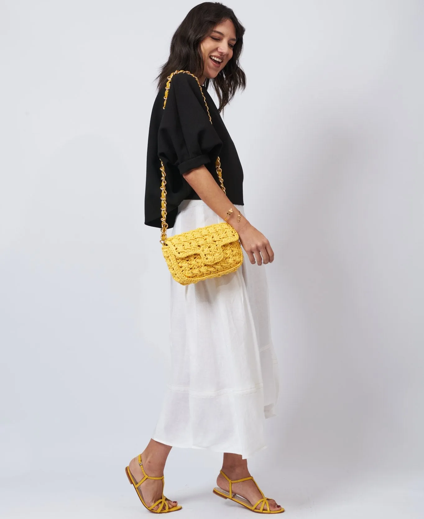 Lucrezia Raffia Crochet Shoulder Bag canary yellow