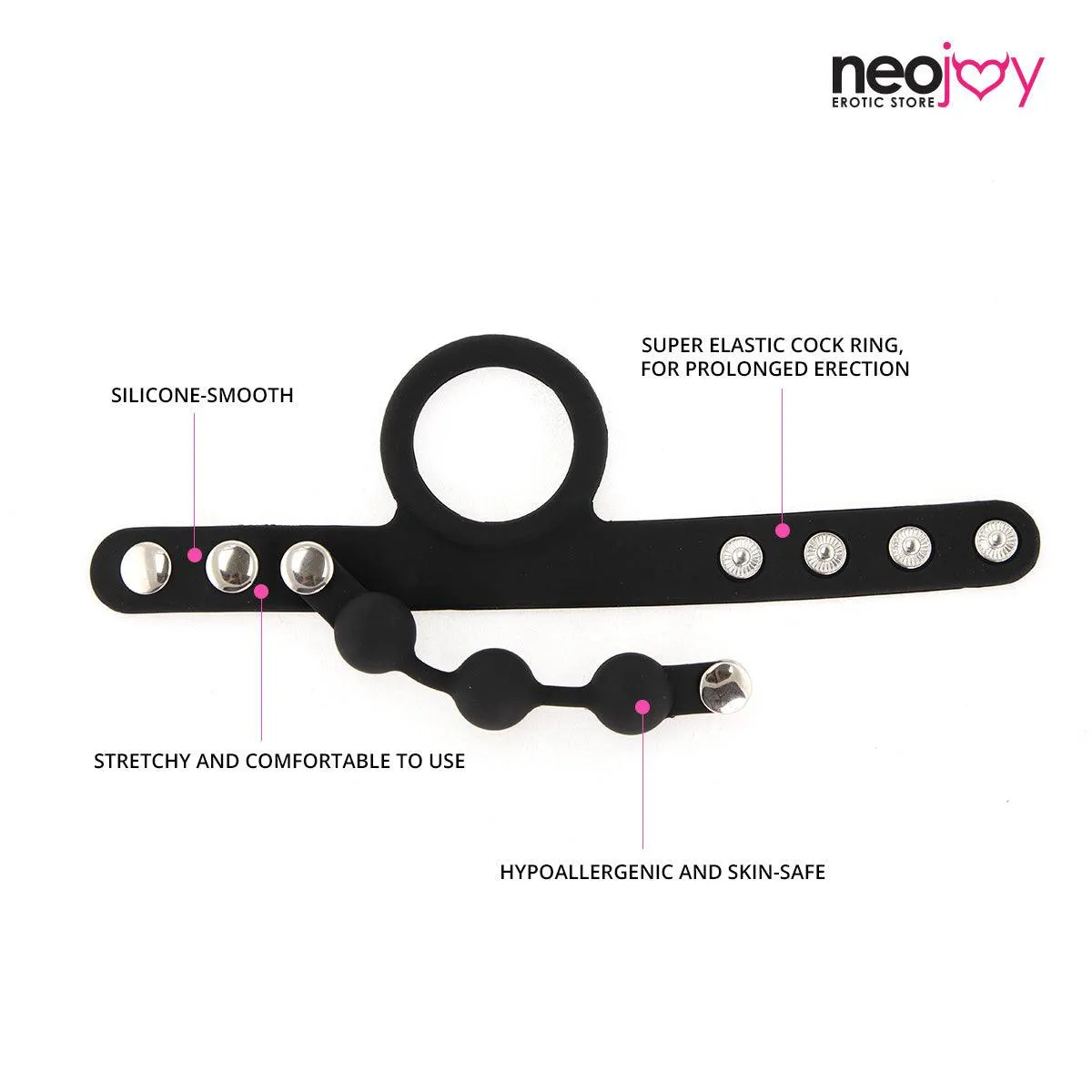 Neojoy Bondage Beaded Adjustable Cock Ring to enjoy a longer play time - Black - Medium