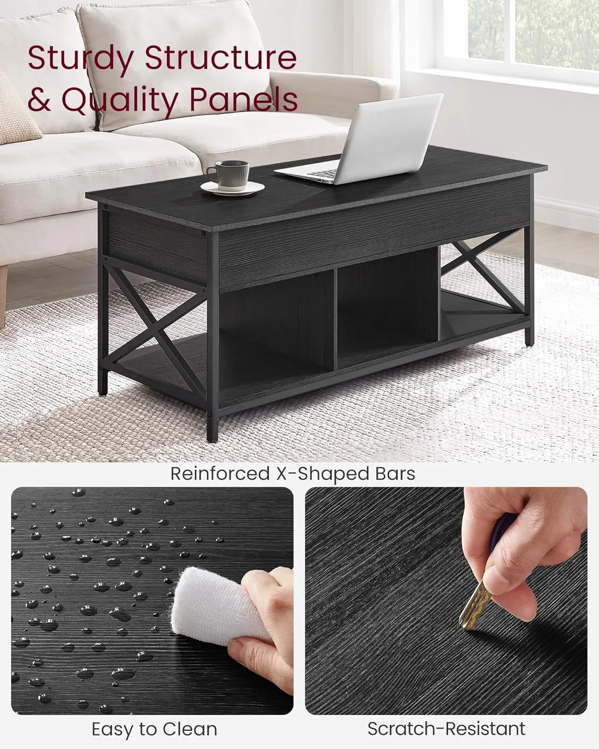 New Fully Assembled VASAGLE Lift Top Industrial Coffee Table, Black with Wood Grain! Note: 2 front corners & 1 Piece at back have slight imperfections from transport shown in pics! Retails $220 