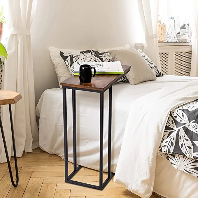 New GOOD & GRACIOUS C Shaped Bedside End Table with Sturdy Metal Frame for Living Room Bedroom Small Spaces Easy Assembly, Modern, Rustic Brown