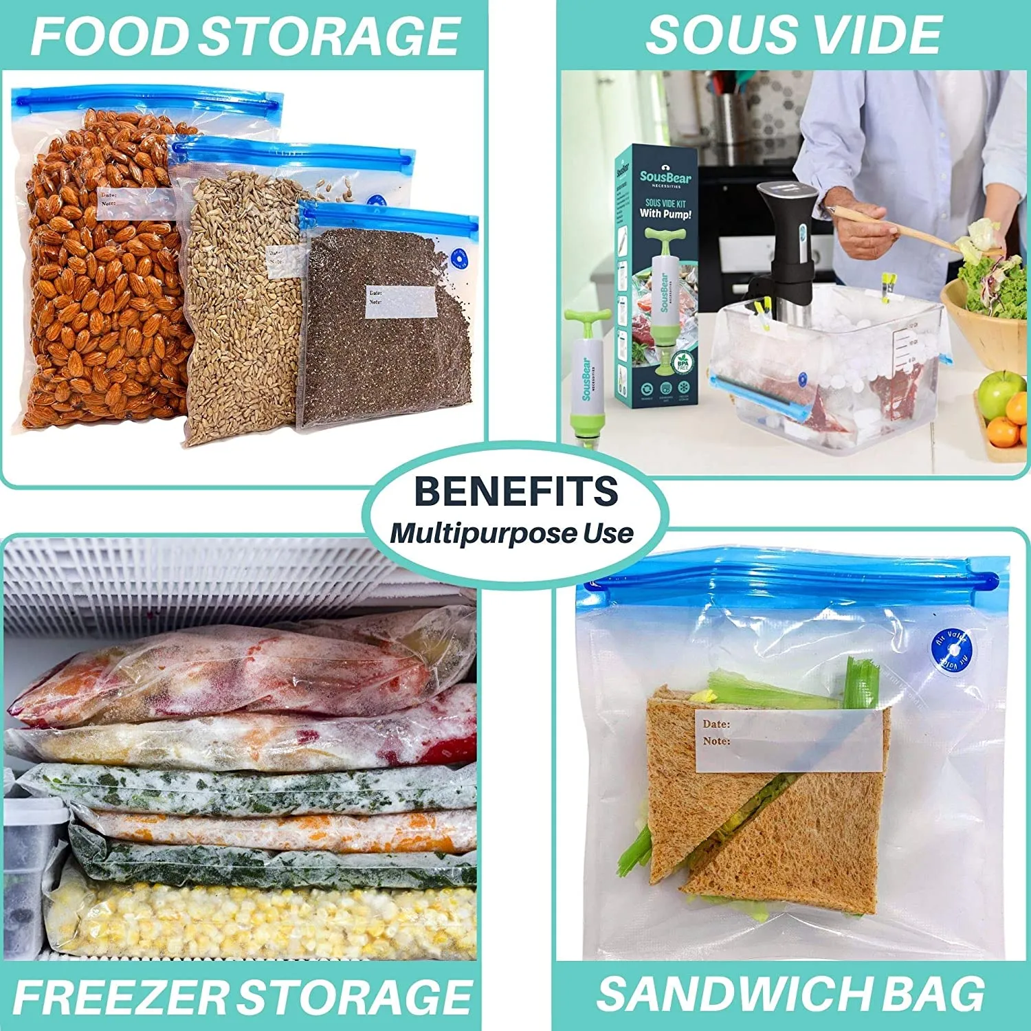 New SousBear Sous Vide Bags BPA Free 30 Reusable Vacuum Food Storage Bags - 3 Sizes Sous Vide Bag Large Kit for Anova Joule Cookers