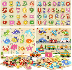 New Wooden Peg Puzzles for Toddlers-Alphabet Number Shape Vehicles Animals Learning Puzzles Board Toys for Kids Ages 3 4 5 6, Preschool Educational Gifts for Boys Girls(Set of 4) Retails $28 