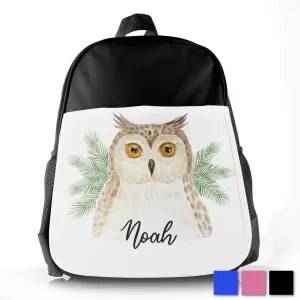 Personalised School Bag with Cute Text and Brown Owl Pine Tree