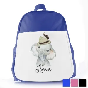 Personalised School Bag with Cute Text and Grey Elephant Hat