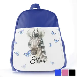 Personalised School Bag with Cute Text and Zebra Blue Butterfly