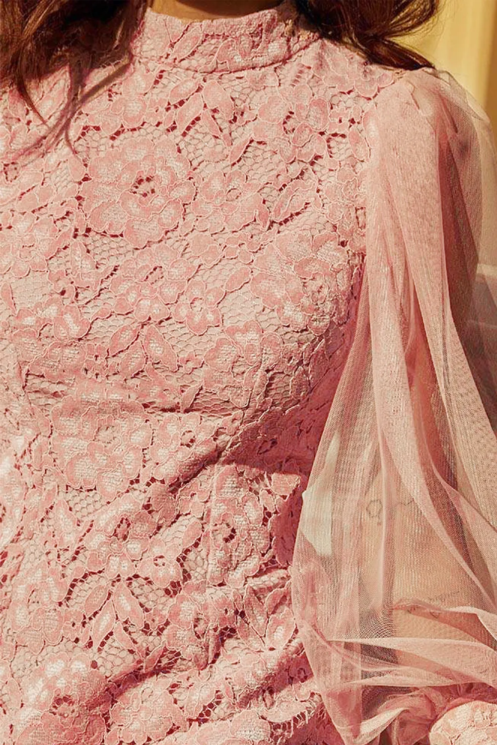 Pink Floral Lace Crochet Sheer Puff Sleeve Mini Dress