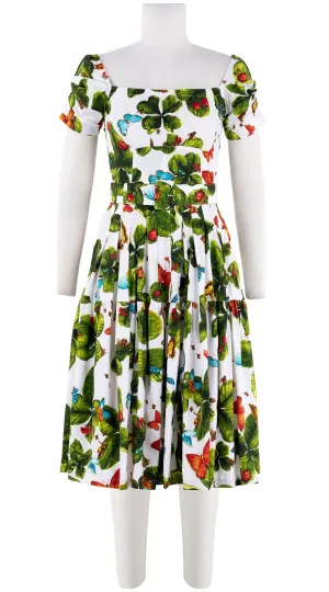 Rose Dress Square Neck Short Tuck Sleeve Long Length Cotton Stretch (Clover Butterfly Small)