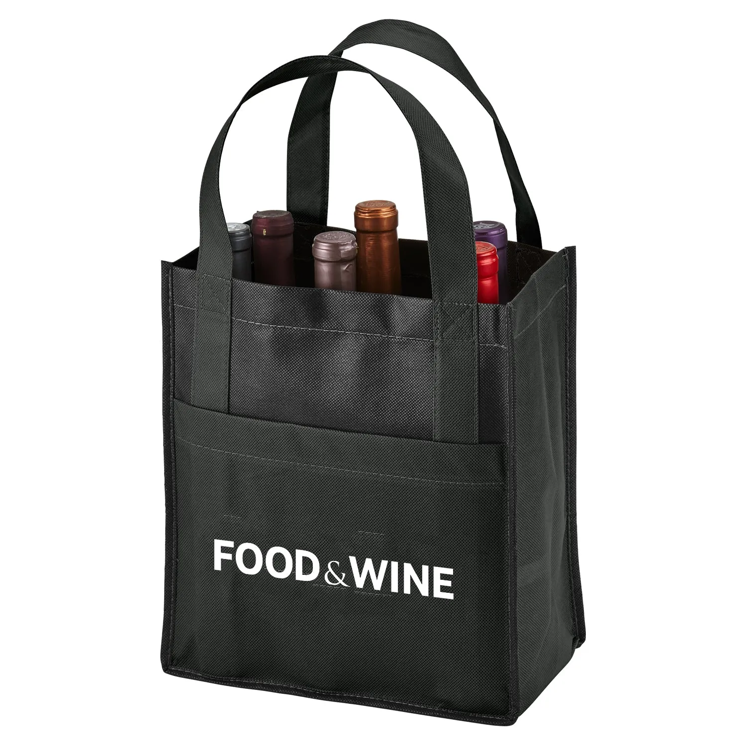 Six Bottle Non-Woven Wine Tote - Two tone w/outside pockets