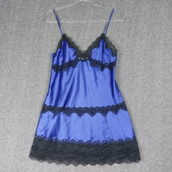 VICTORIA’S SECRET WOMENS VINTAGE BLUE BLACK LACE SLIP DRESS NIGHTGOWN LINGERIE M